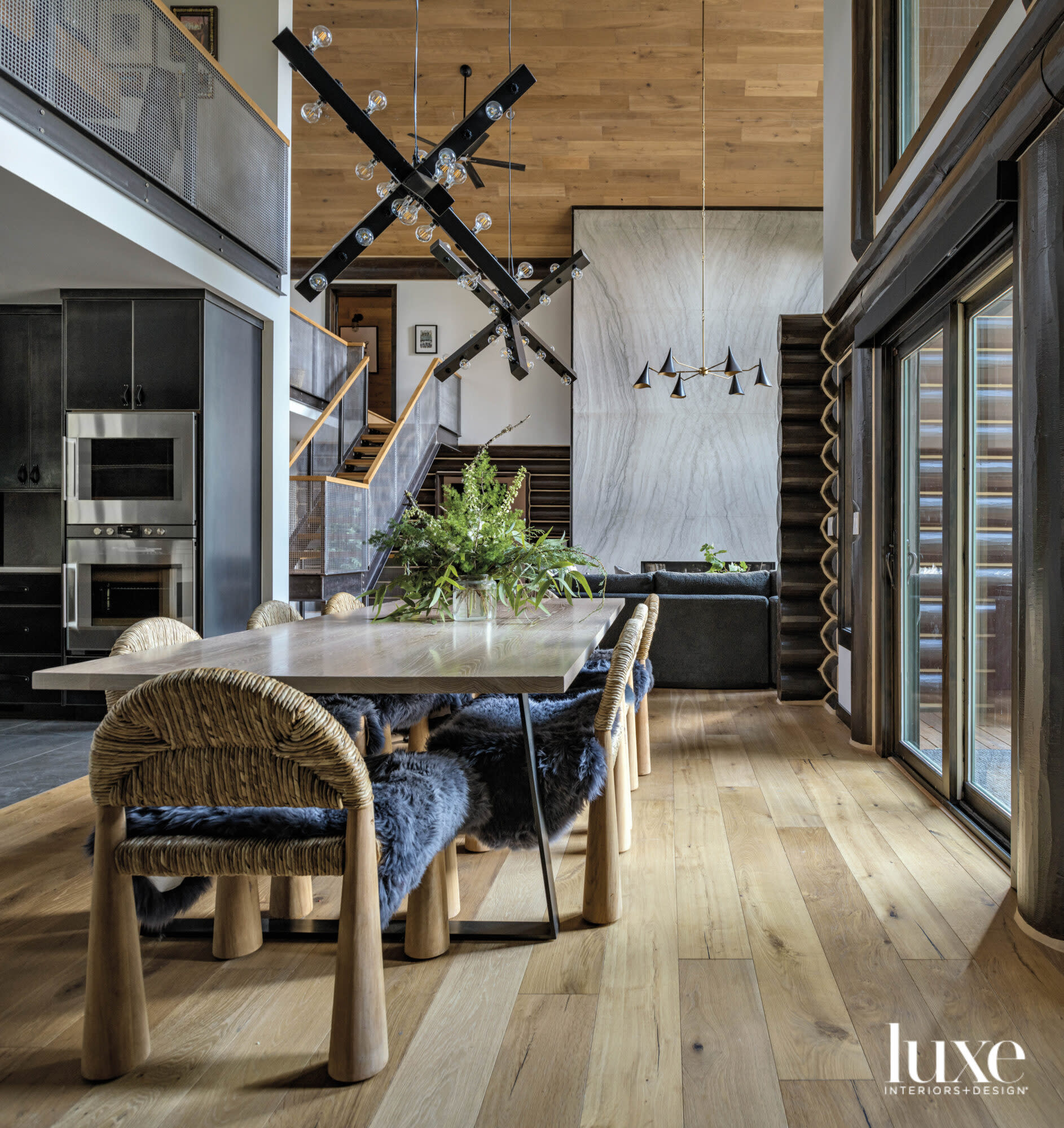 Dining room with faux fur chair coverings