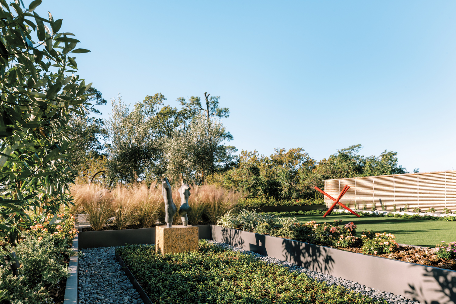 rooftop terrace with red art piece in sculpture garden