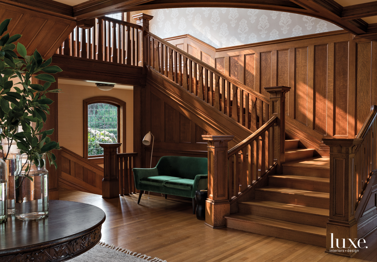 contemporary brown staircase and foyer