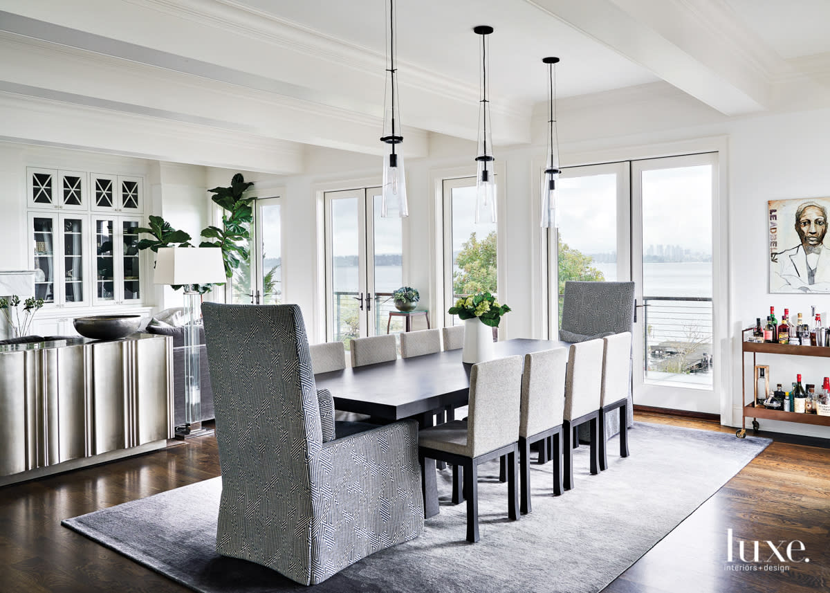 gray white dining room with CR Laine side chairs
