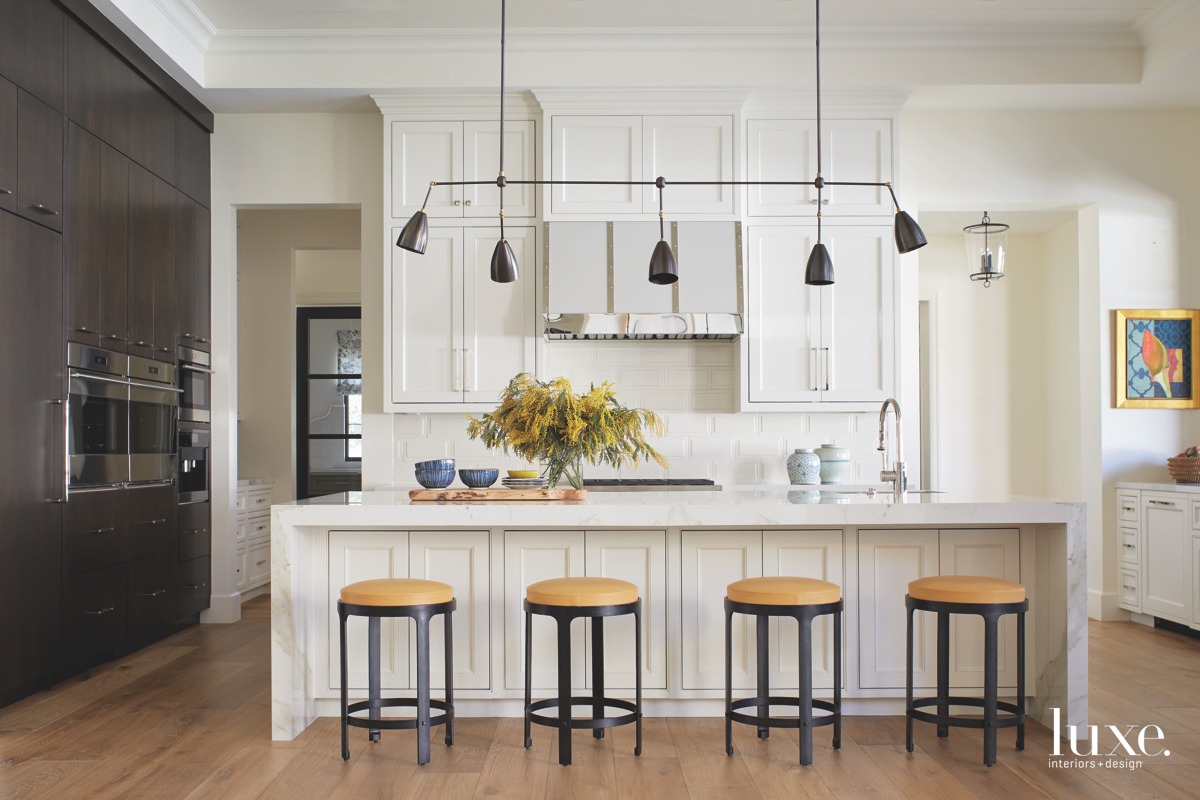 contemporary kitchen white cabinetry yellow bar