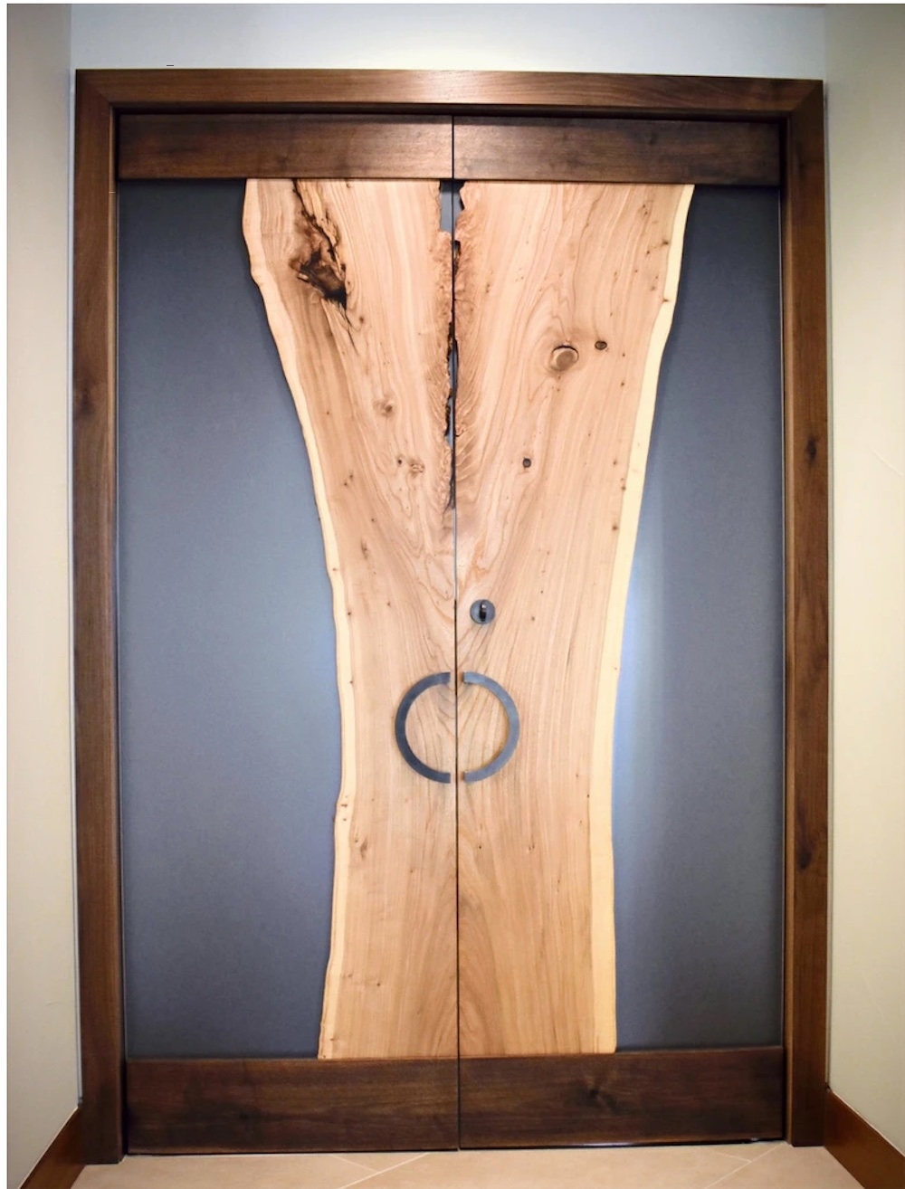 Interior door with wooden frame and natural wood design