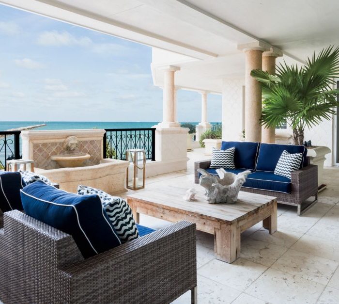 Shades of sea and sky offer a vacation from formality in this casually dressed Fisher Island retreat designer with family and friends in mind.