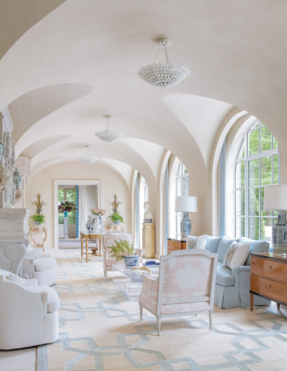 Blue, pink and white living area