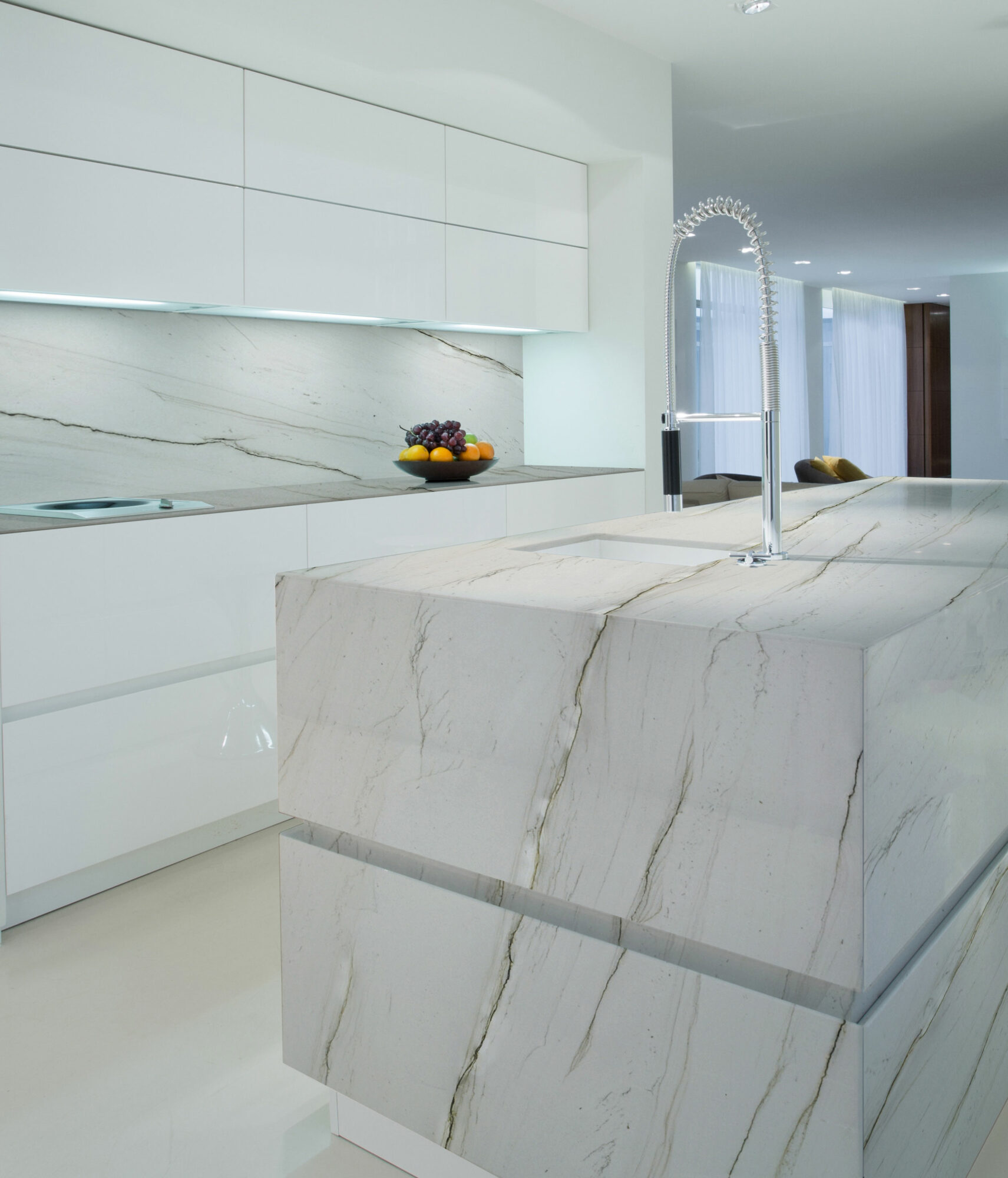 white kitchen block island silver stone