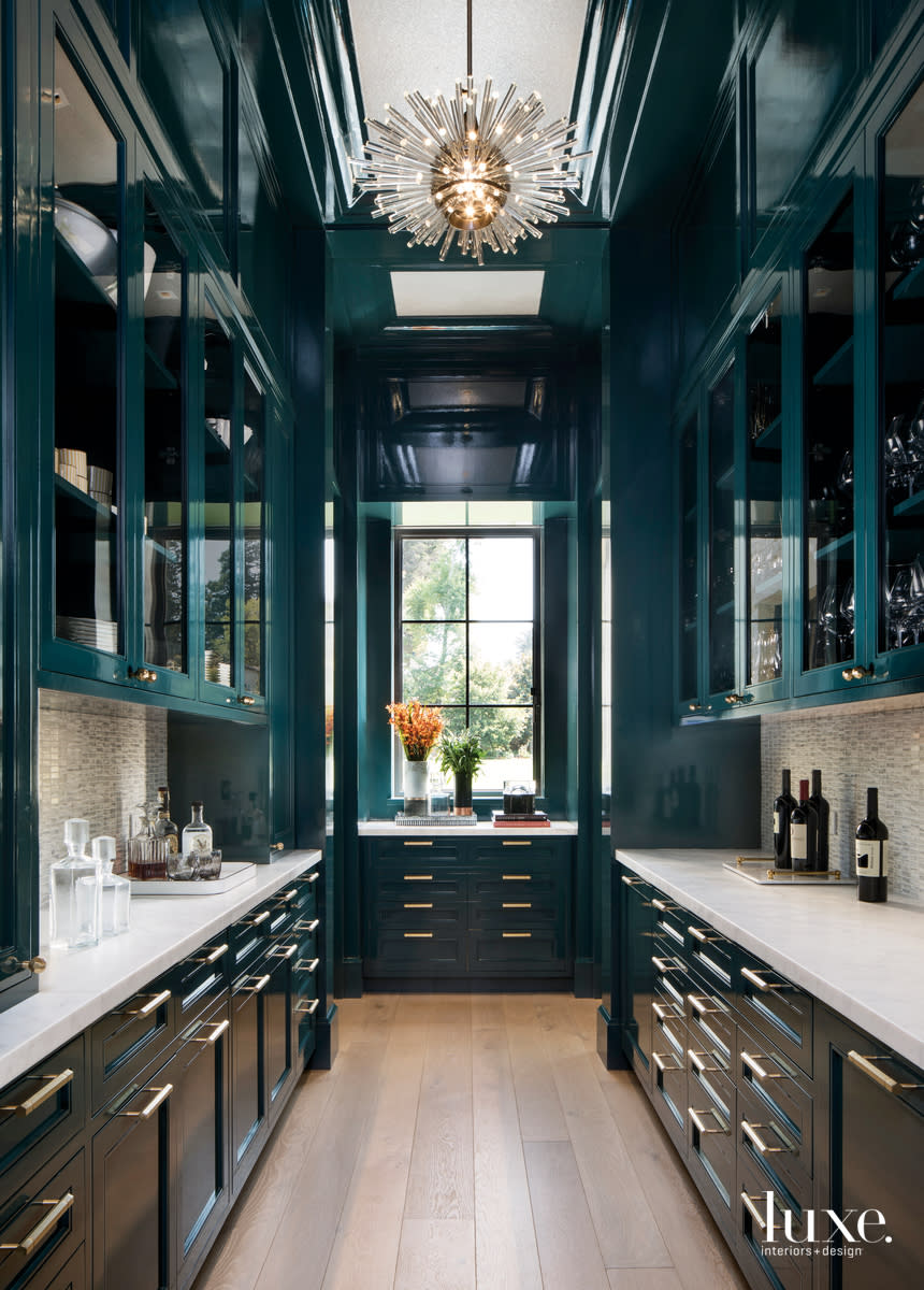 contemporary pantry teal walls and cabinetry