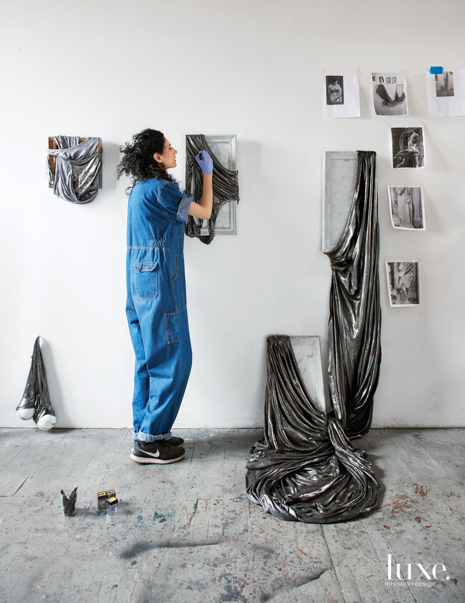 In Seiden's studio hangs (left to right) Dropped, two pieces from her "Hang Onto Your Ego" series, and Feminine Perfection.