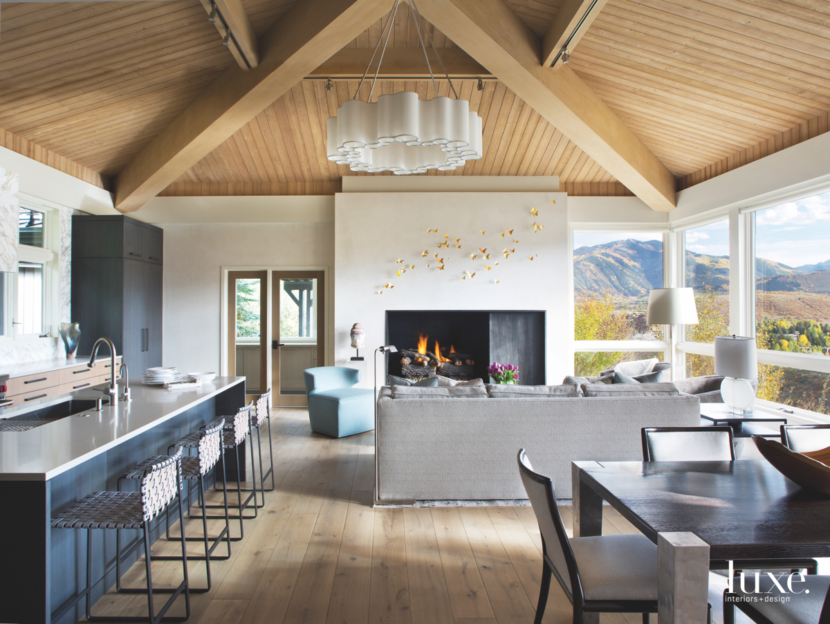 contemporary neutral great room kitchen living dining