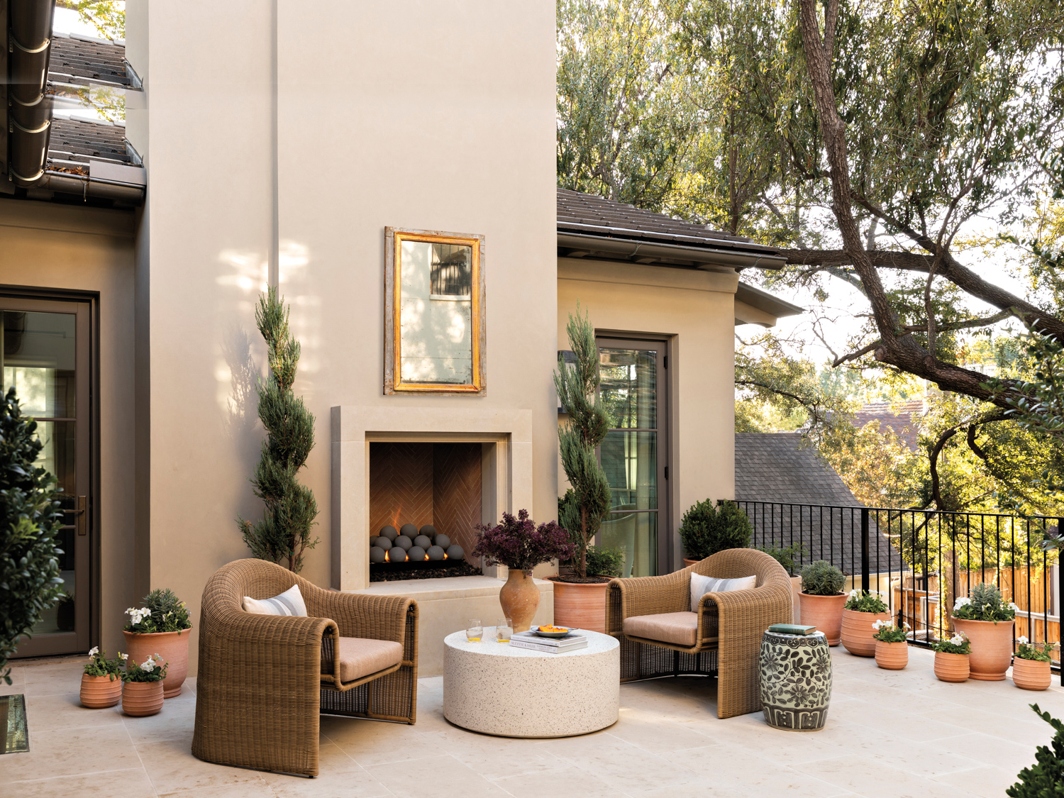 outdoor living space with fireplace and seating area