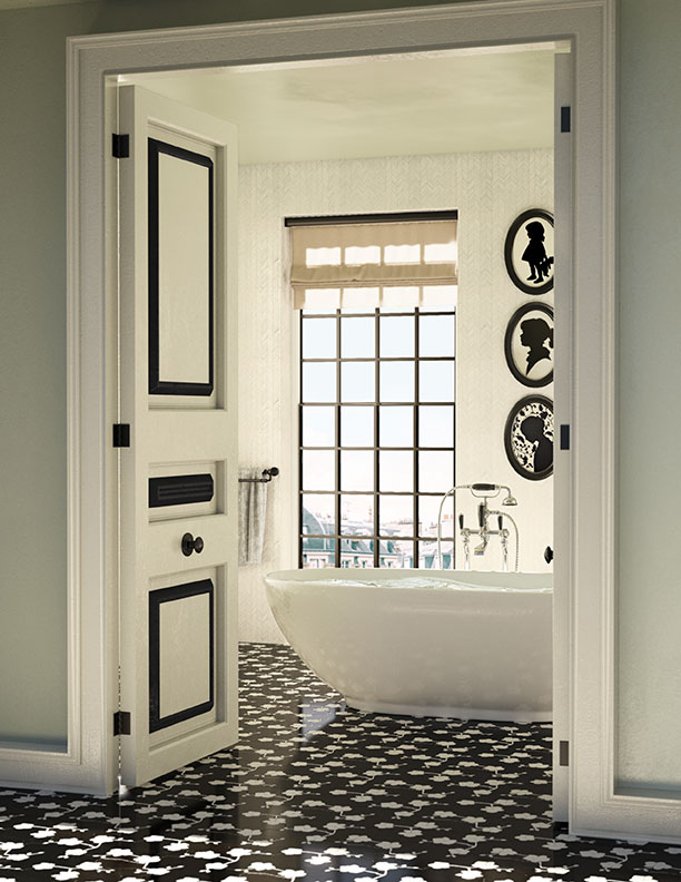 bathroom black and white accents tile