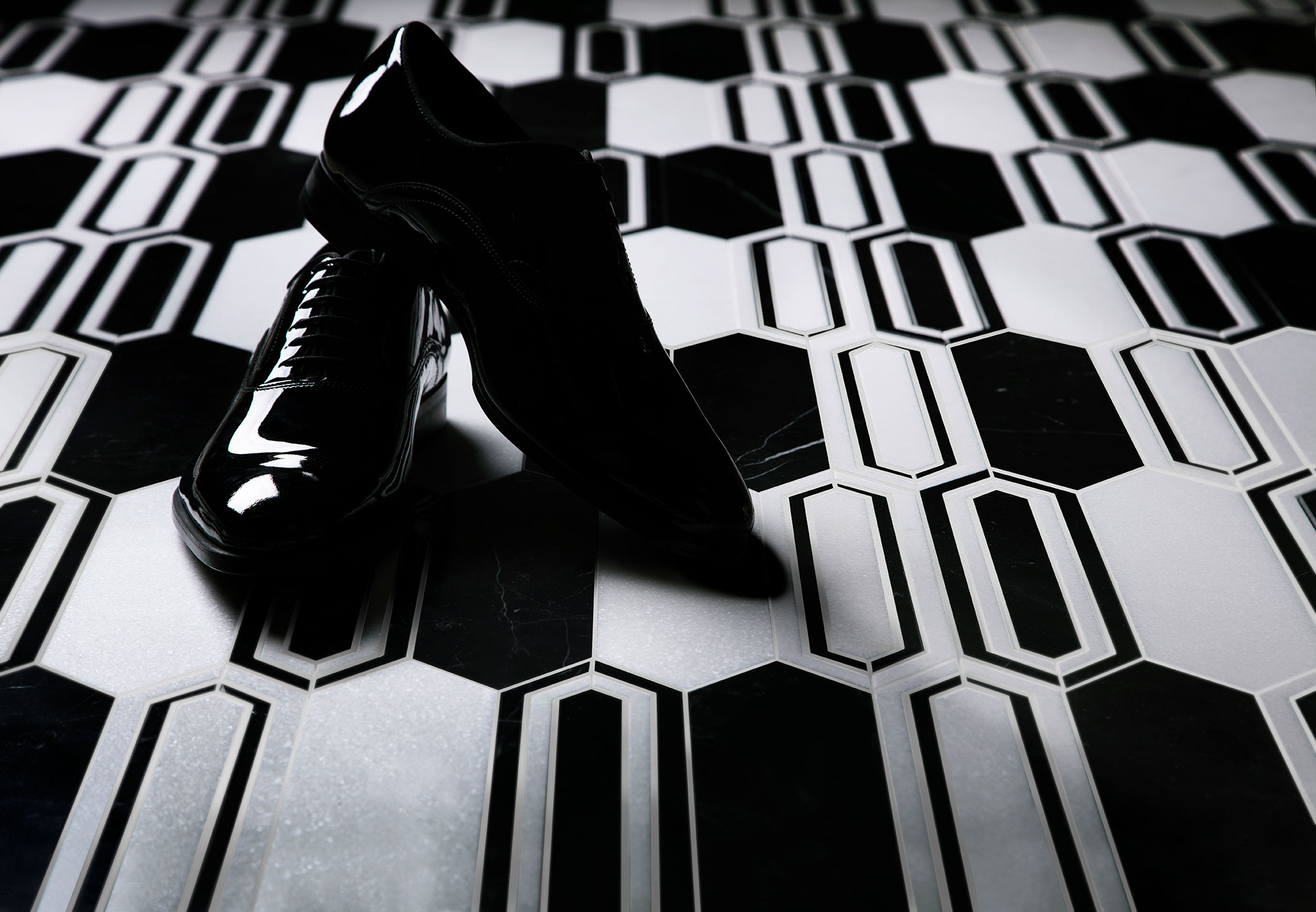 tuxedo shoes black white tile