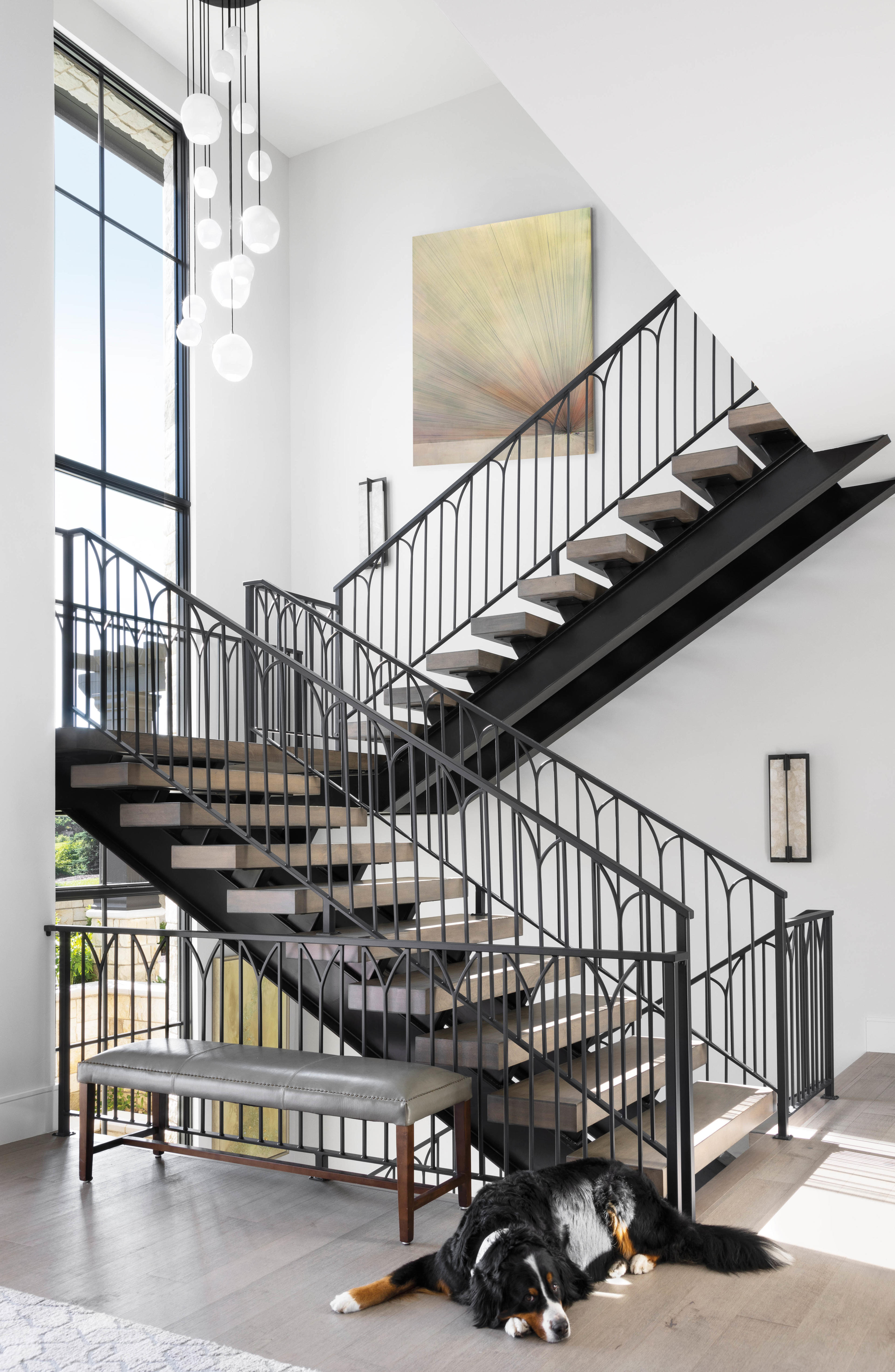 a Bernese mountain dog sits at the foot of the stairs in this modern home