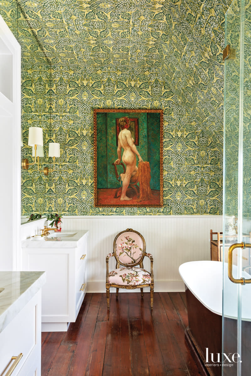 master bathroom lewis and wood green wallpaper