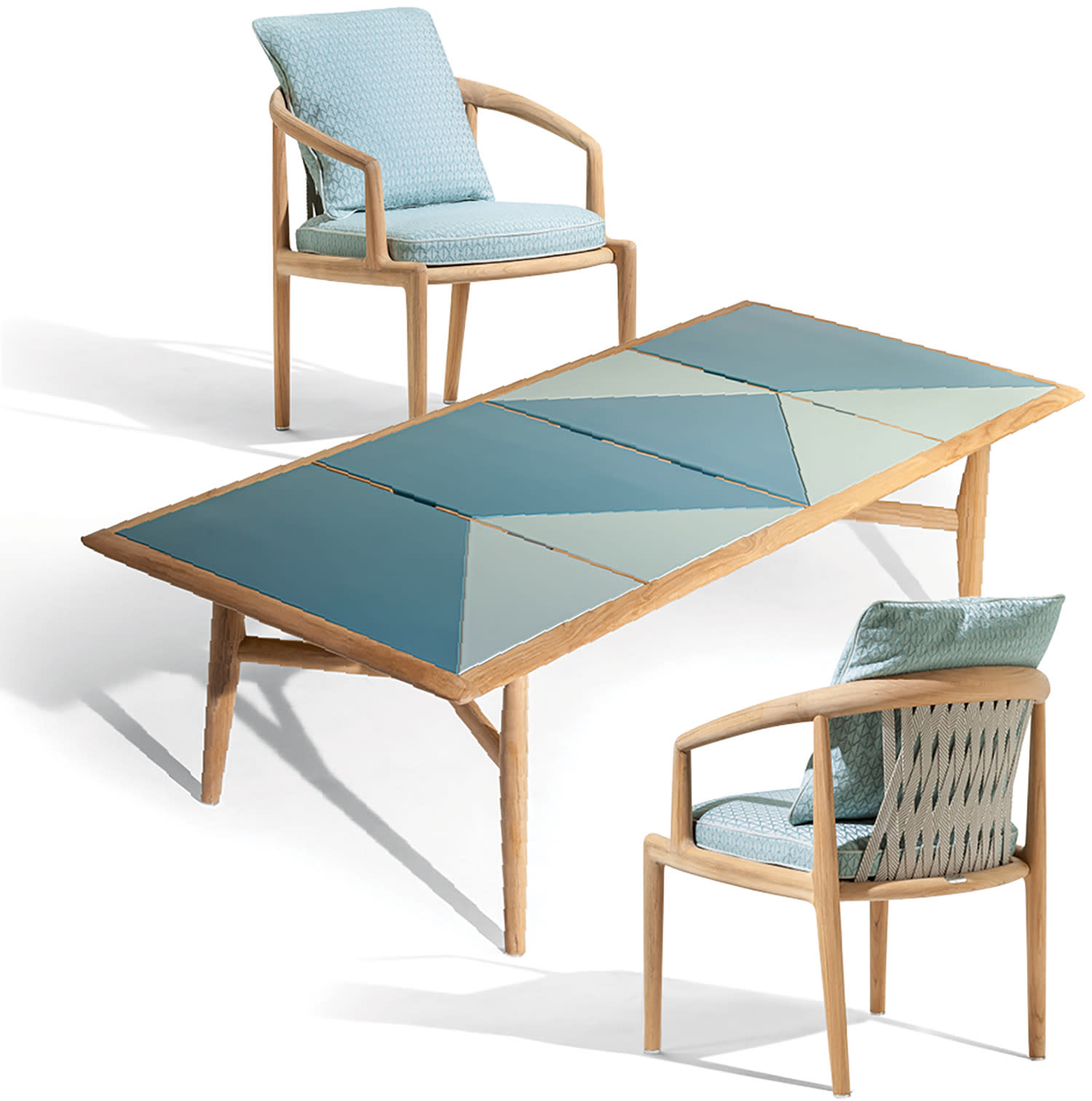 blue ceramic-topped table and matching blue outdoor armchairs