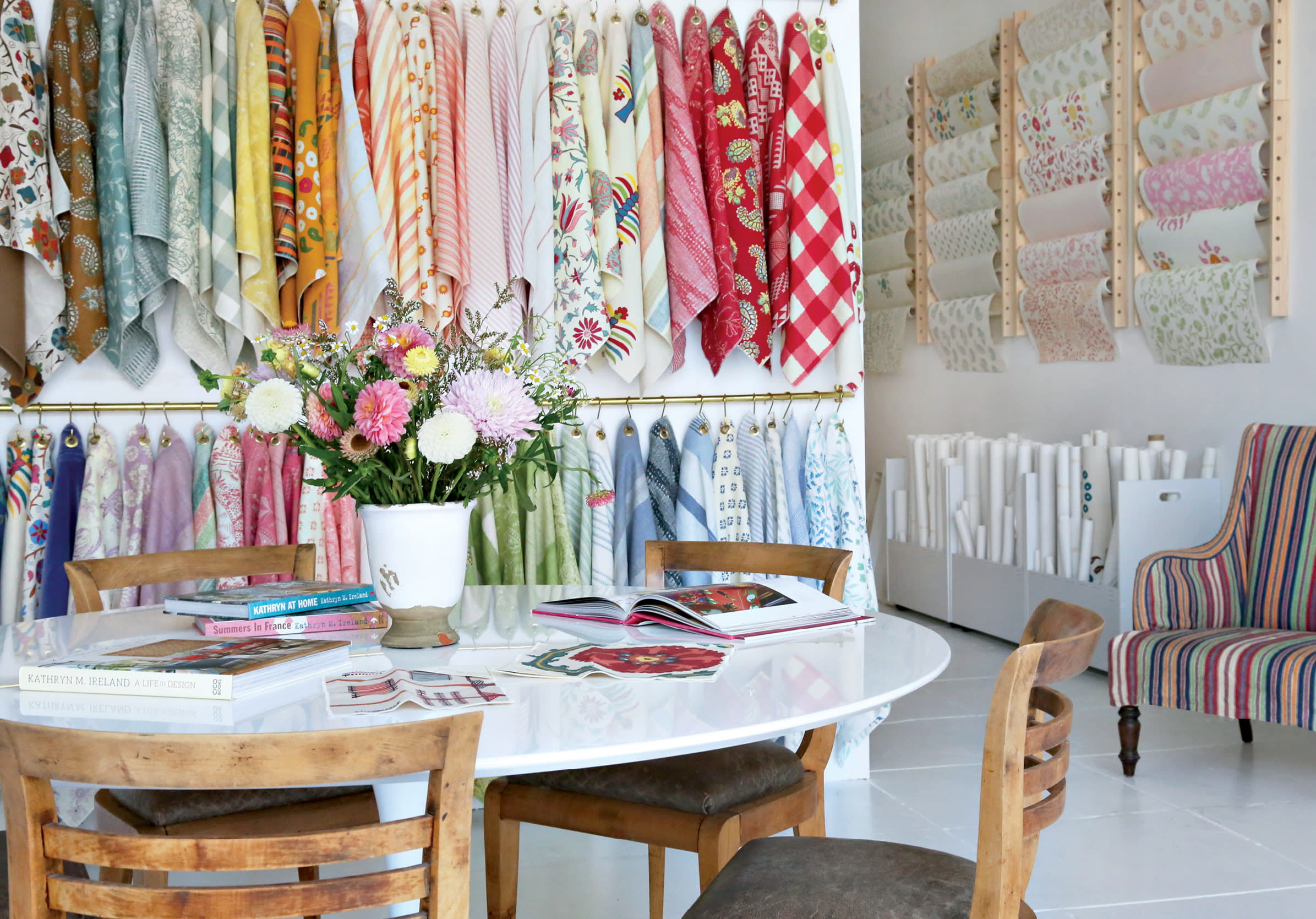 colorful textiles hanging on the wall at Kathryn M. Ireland's showroom