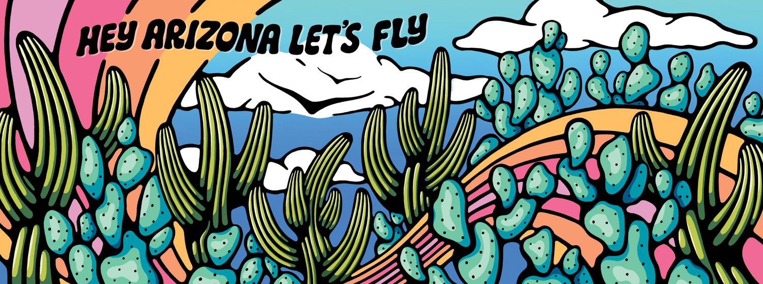 Mural by Meg Stapps featuring cacti on rolling hills against a backdrop of skies and flying birds