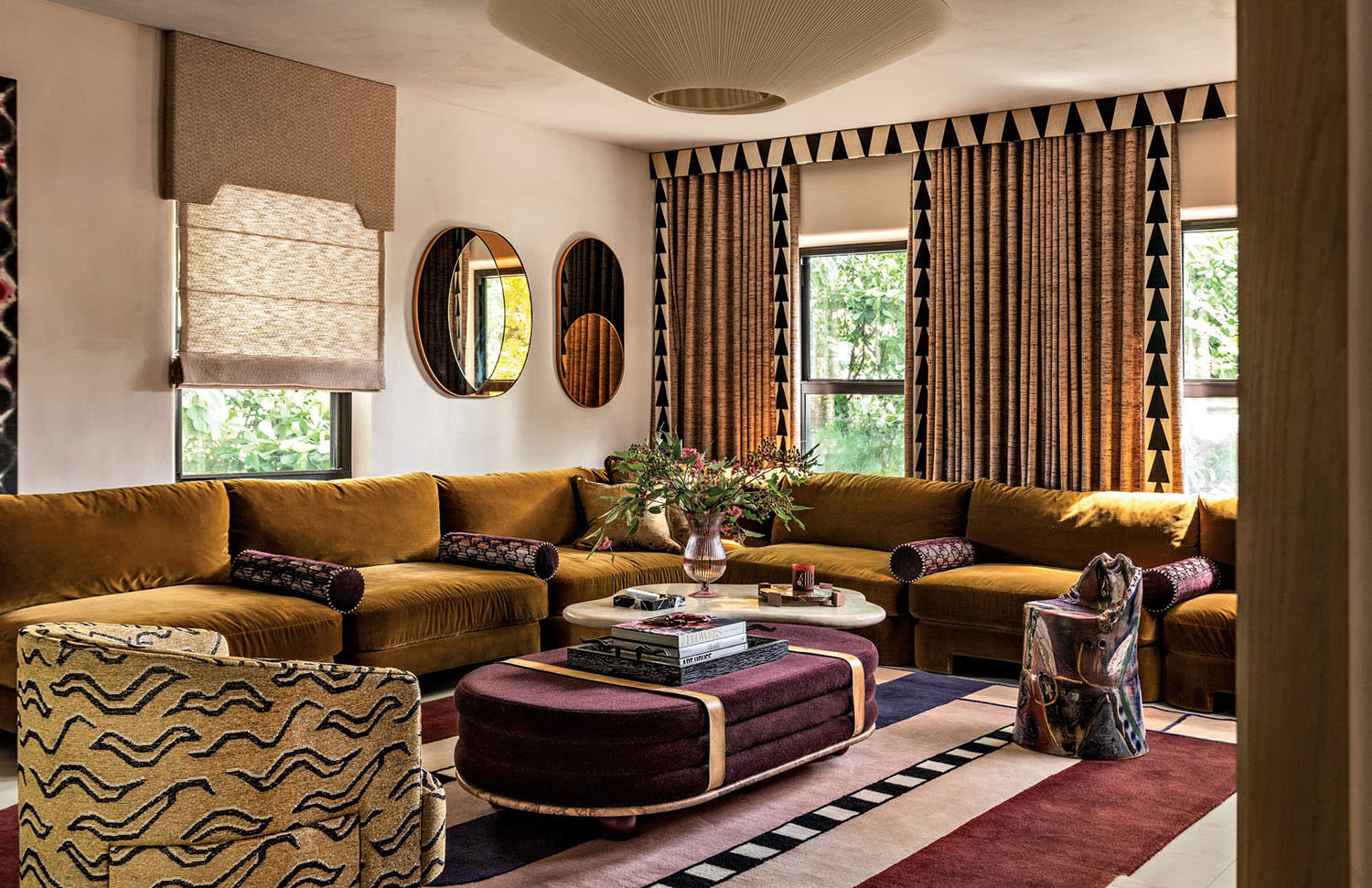 Art Deco-inspired living room with a yellow couch