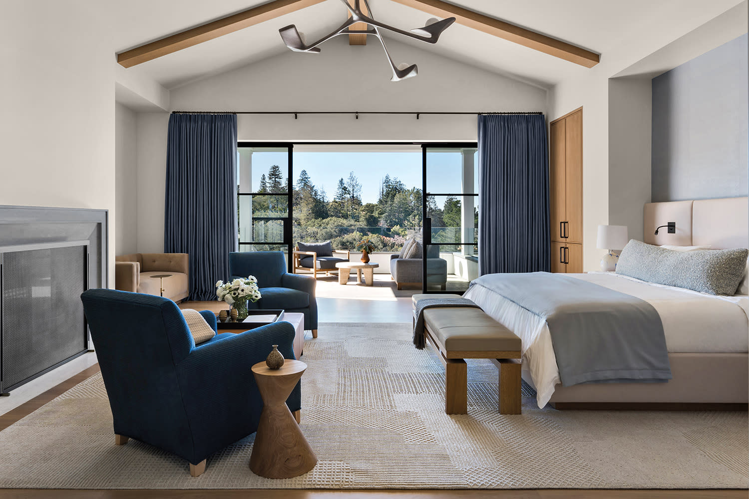 contemporary blue and white bedroom