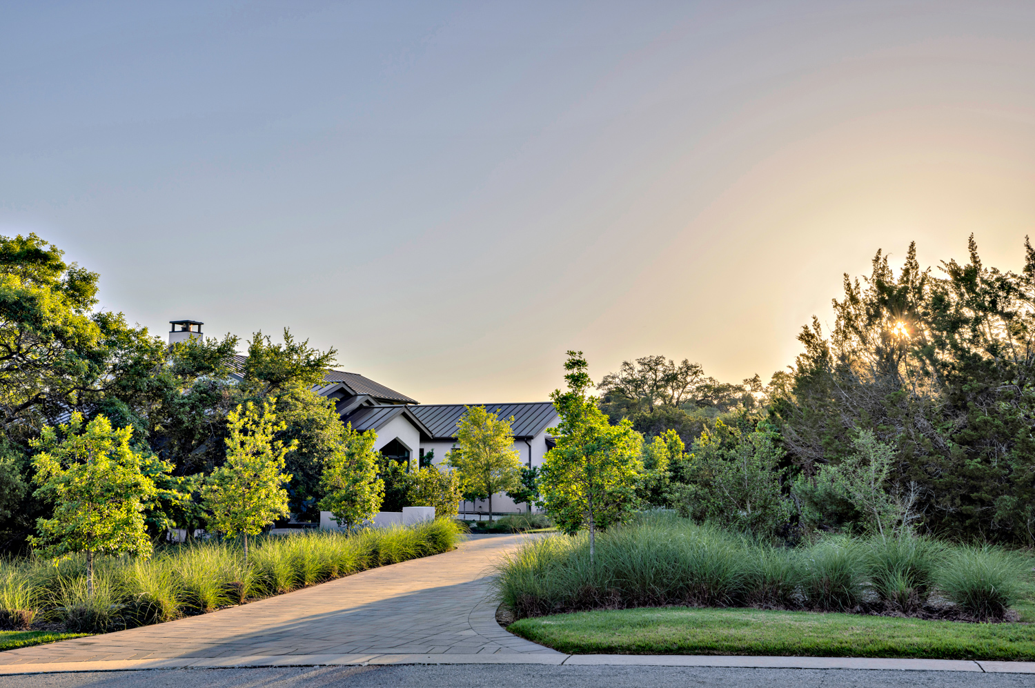 tall grasses and trees surround a Texas home