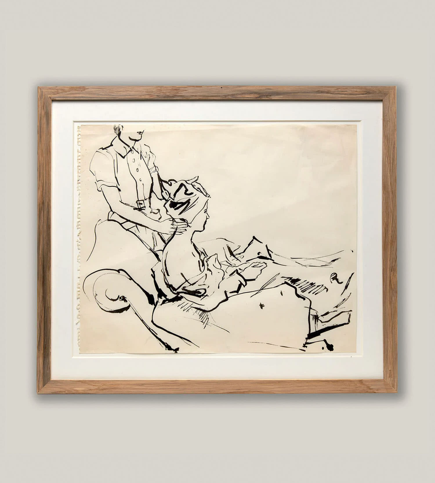 A framed drawing of a woman doing another woman's hair.