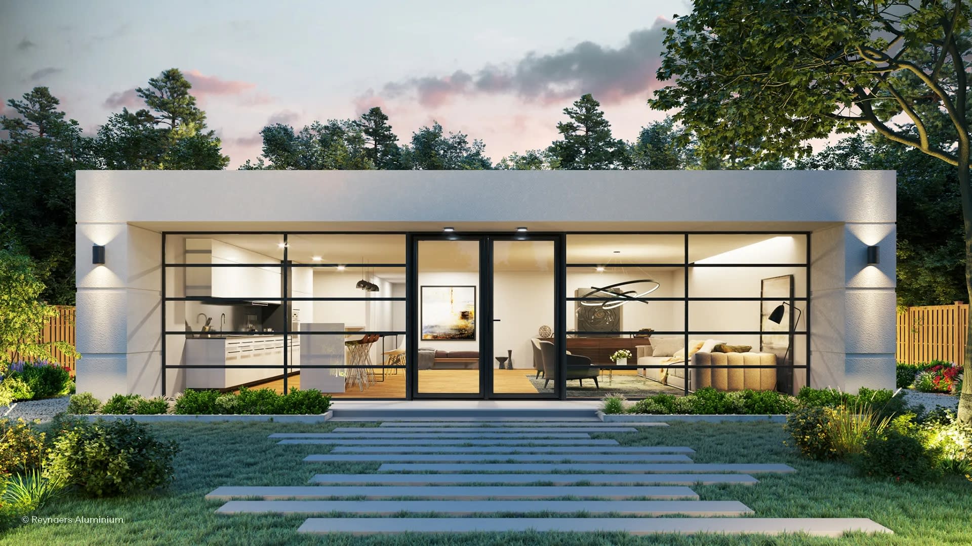 Modern, minimalist flat-roofed house with large glass windows, glowing lights, and an inviting interior. Surrounded by grass, trees, and a serene evening sky.