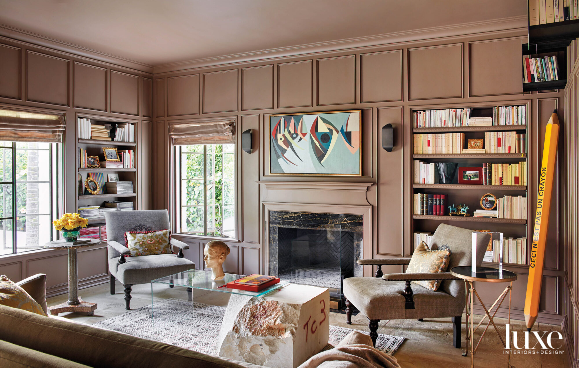 Library view facing fireplace