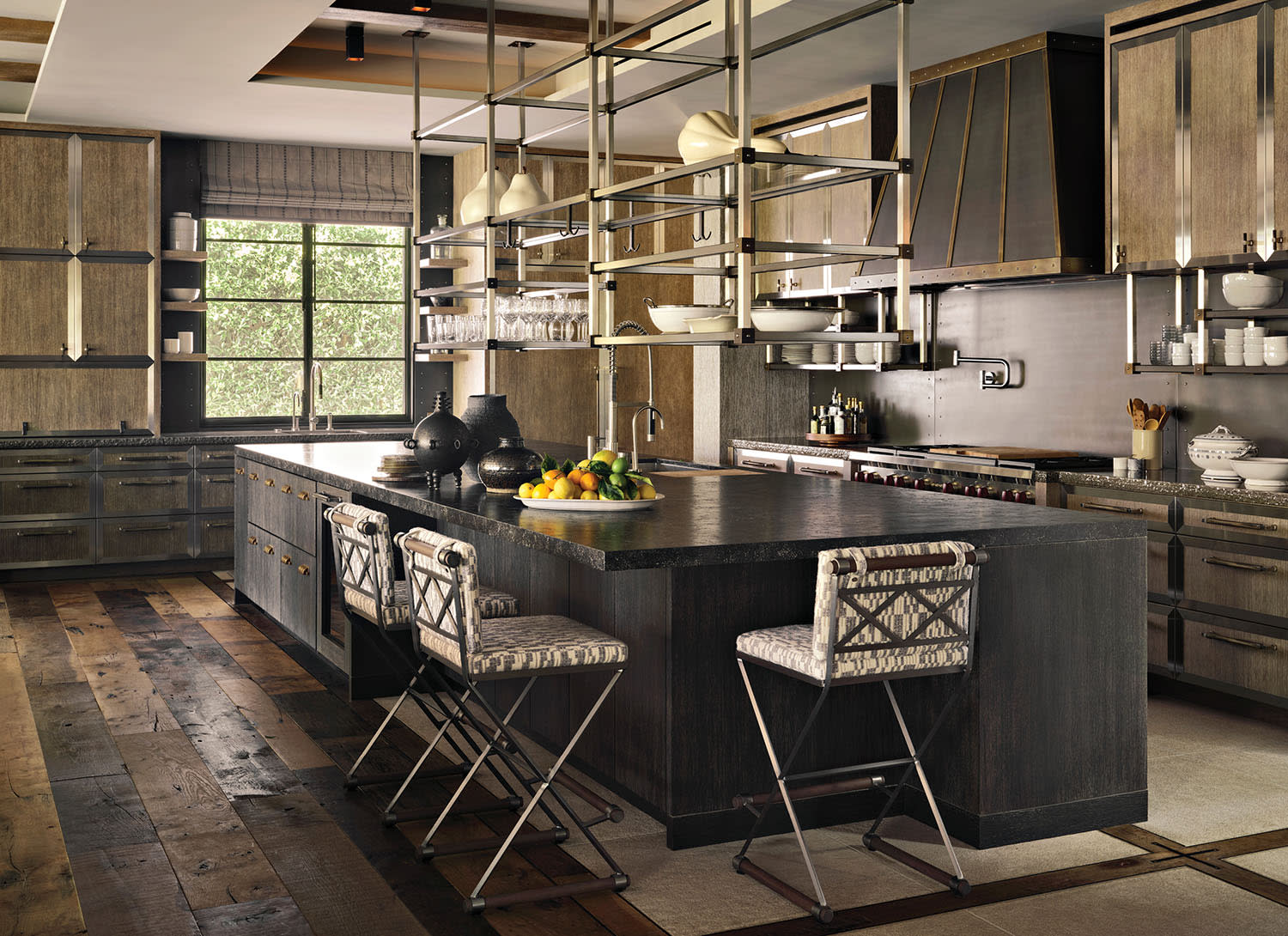 kitchen with an ebonized oak island, scrubbed-oak perimeter cabinetry and lava stone counters