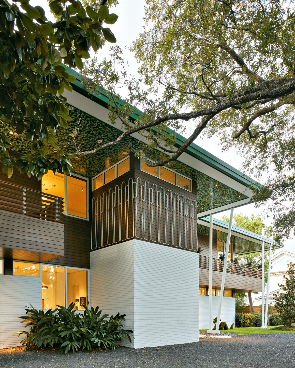 home with white and wood exterior surrounded by plants