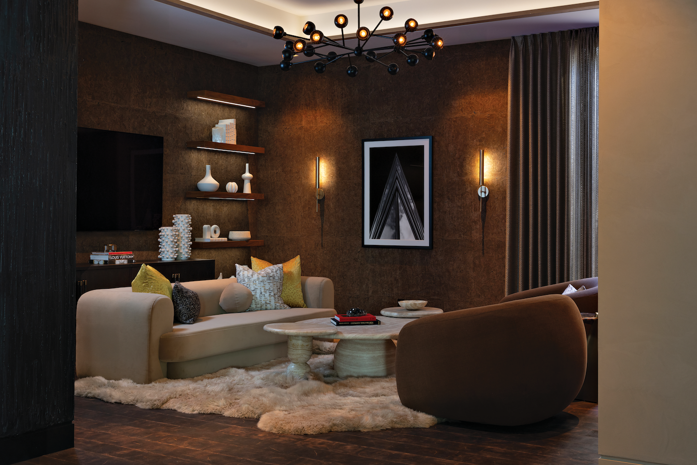 Smart home lounge space controlled by voice automation with integrated lighting and technology.