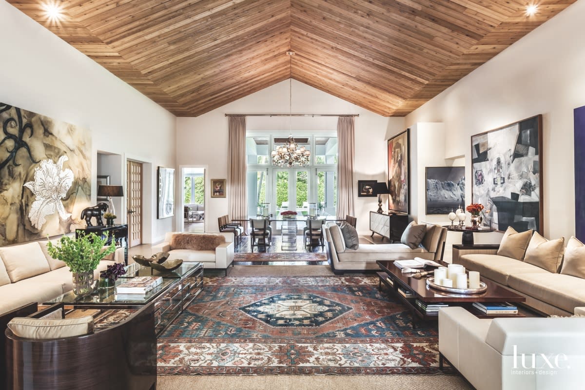 modern living room neutral antique rug Coral Gables Abode