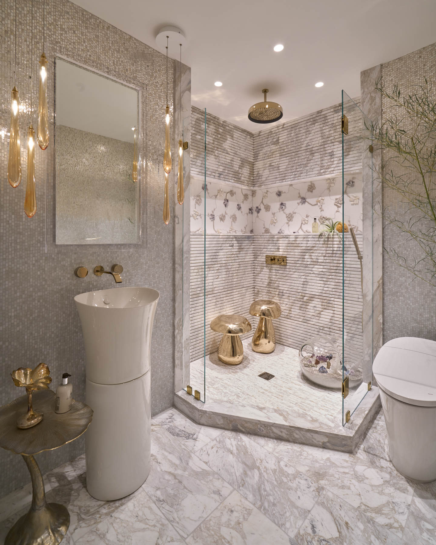 white and gold bathroom at the Kips Bay Decorator Show House New York 2025