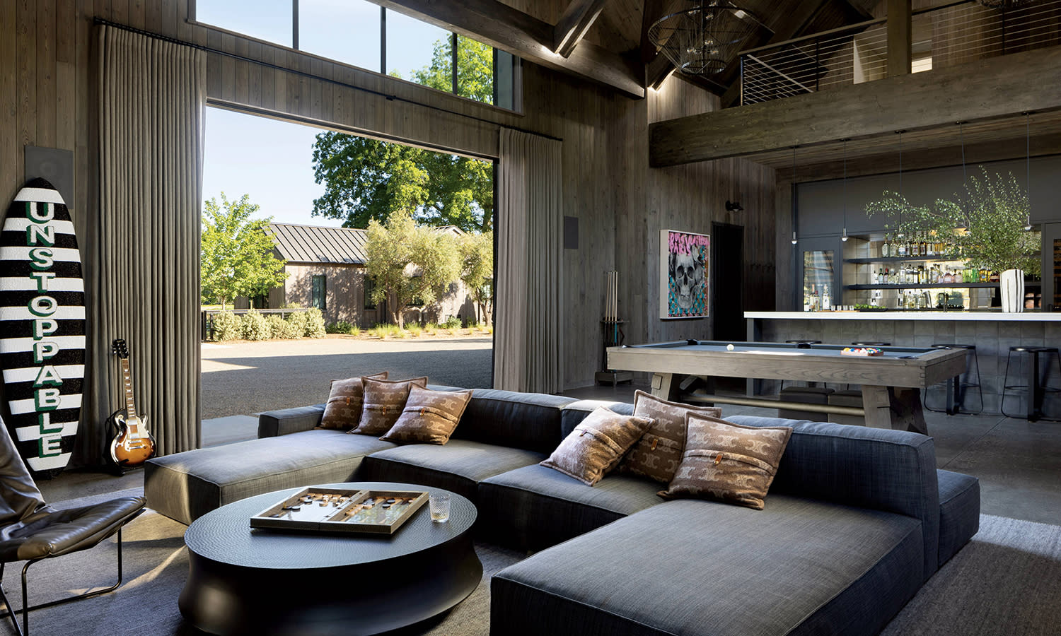 interior of a party barn with a large sectional