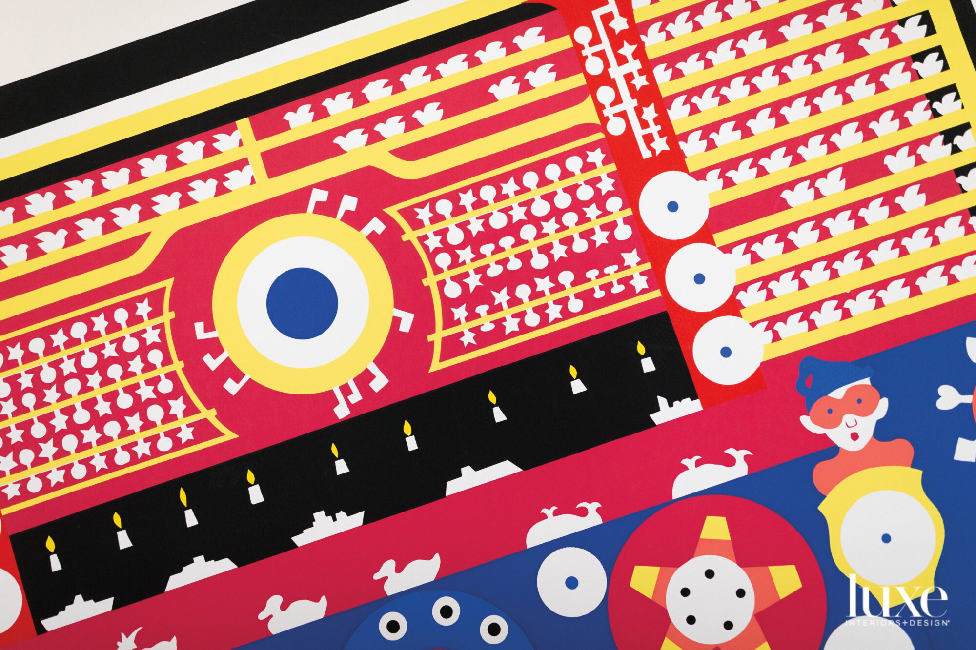 Bright red, blue and yellow shooting gallery-inspired artwork.