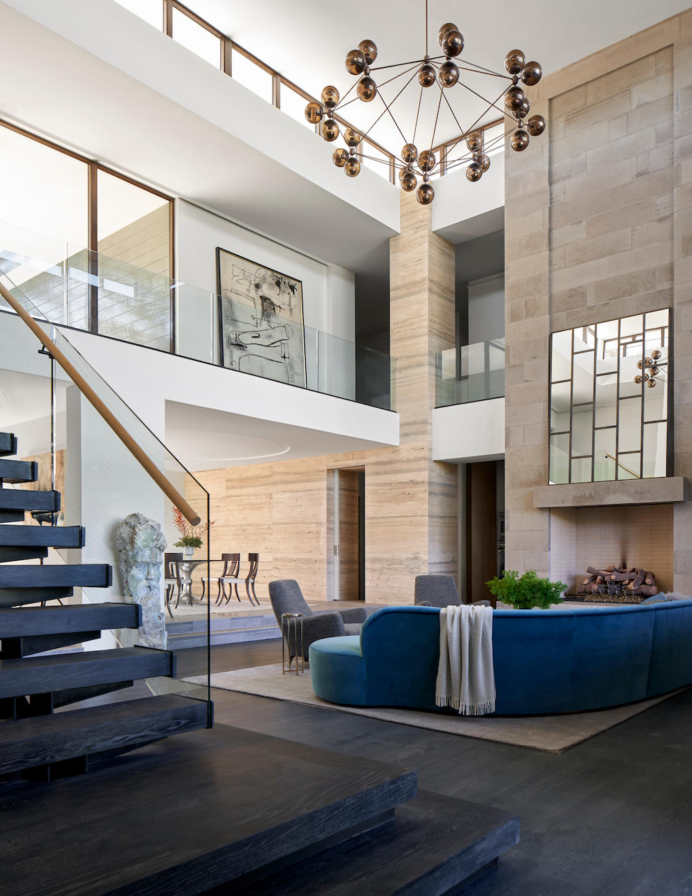 glass staircase in modern living room.