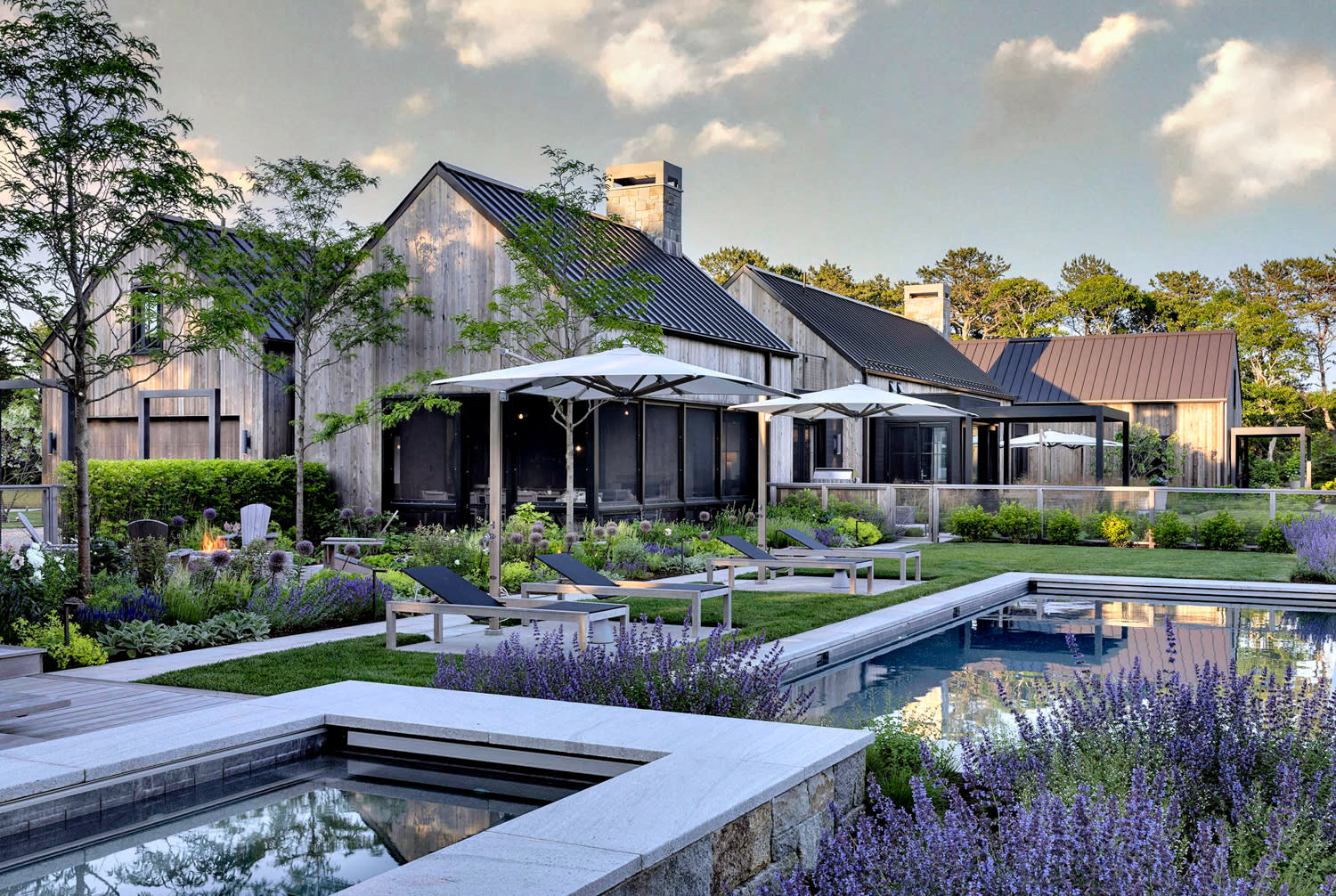 outdoor patio and pools surrounded by lavender