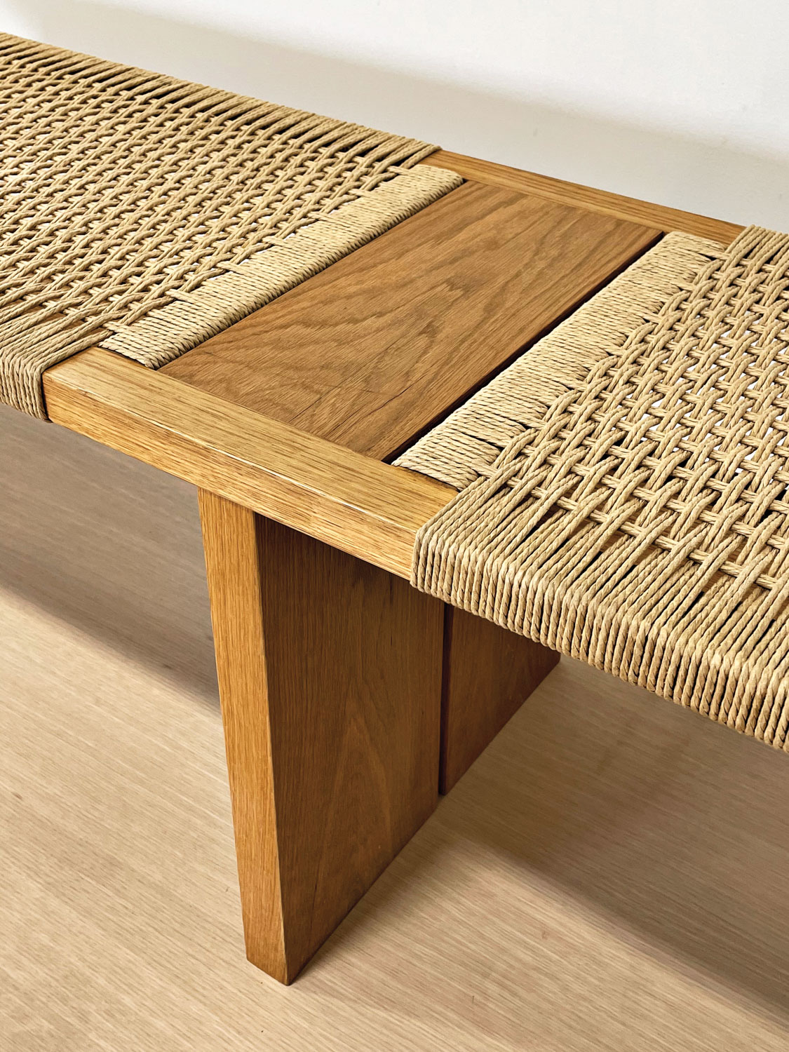 Wooden bench with weaving