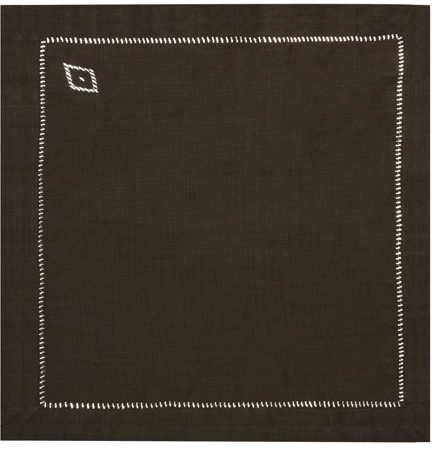 black textile square with white stitching