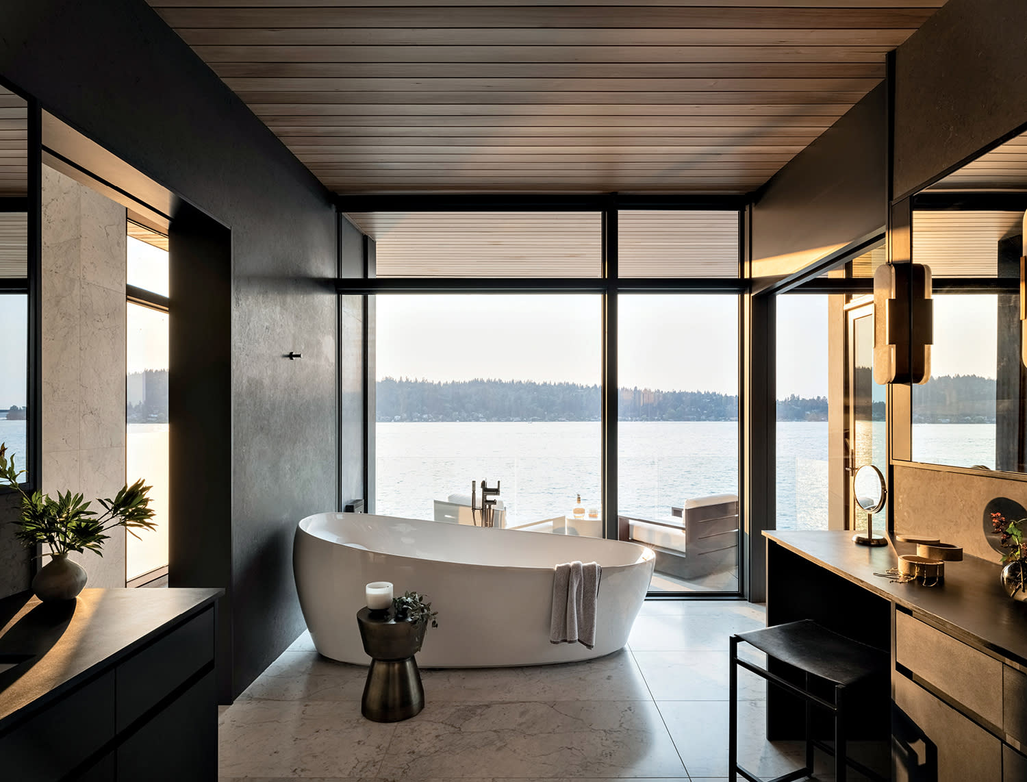 modern bathroom in a home overlooking Lake Washington