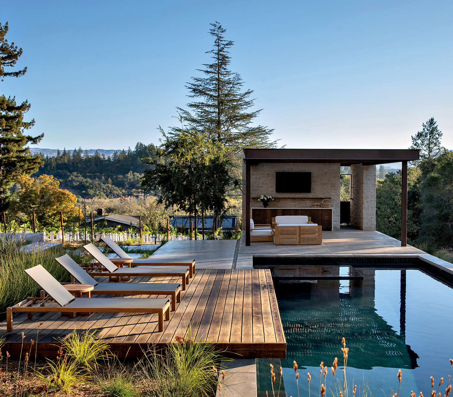 Healdsburg, California pool house with a casual contemporary pool deck