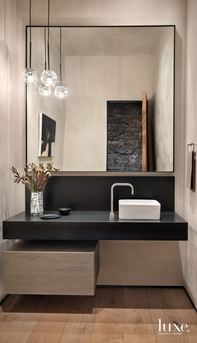 Powder room with square mirror