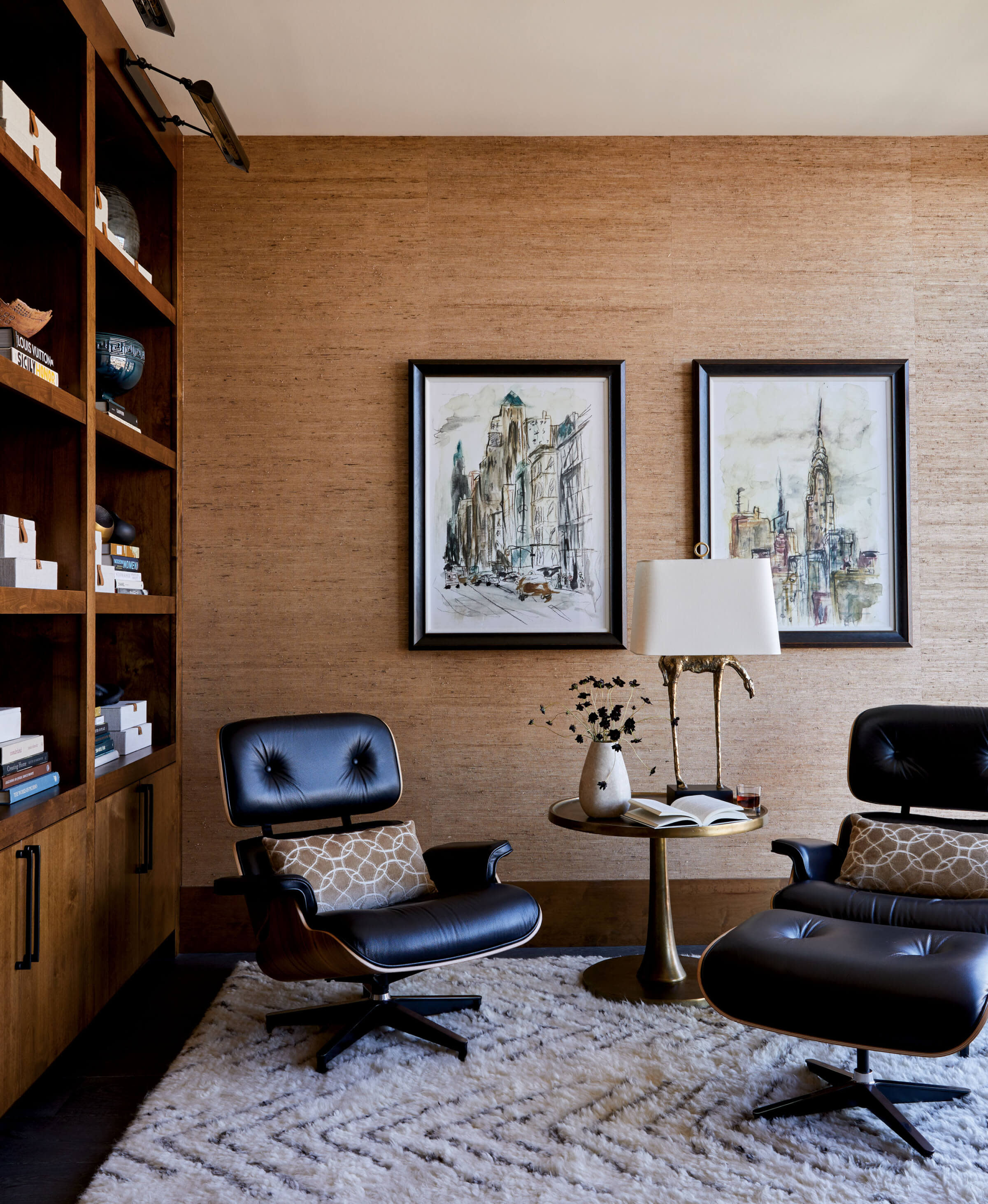 classy study with a grasscloth wallcovering