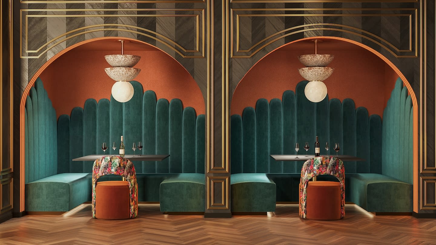 Luxurious art deco dining booths with teal velvet seating, floral stools, and warm lighting under arched ceilings. Elegant and inviting ambiance.