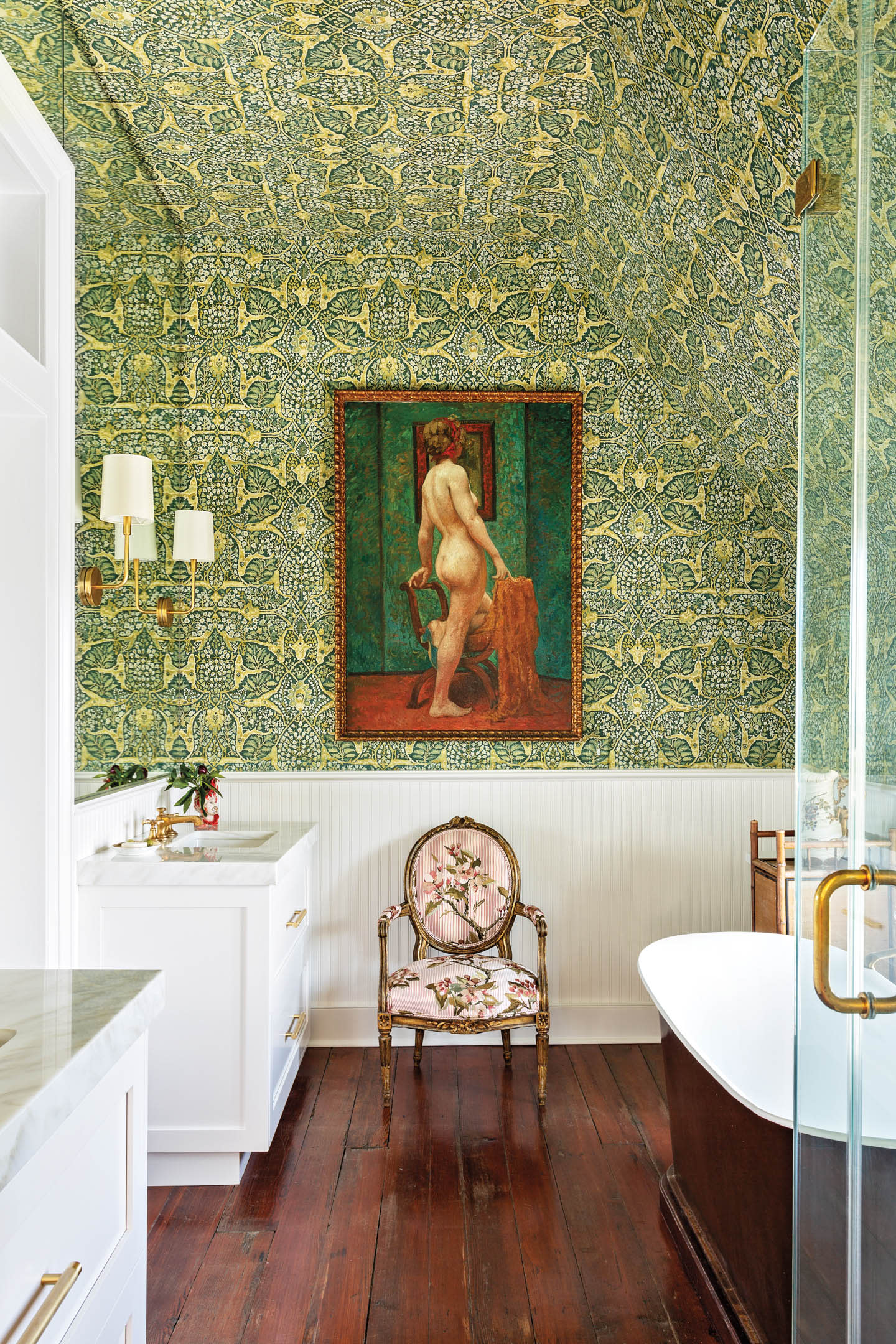Master bathroom lewis and wood green wallpaper