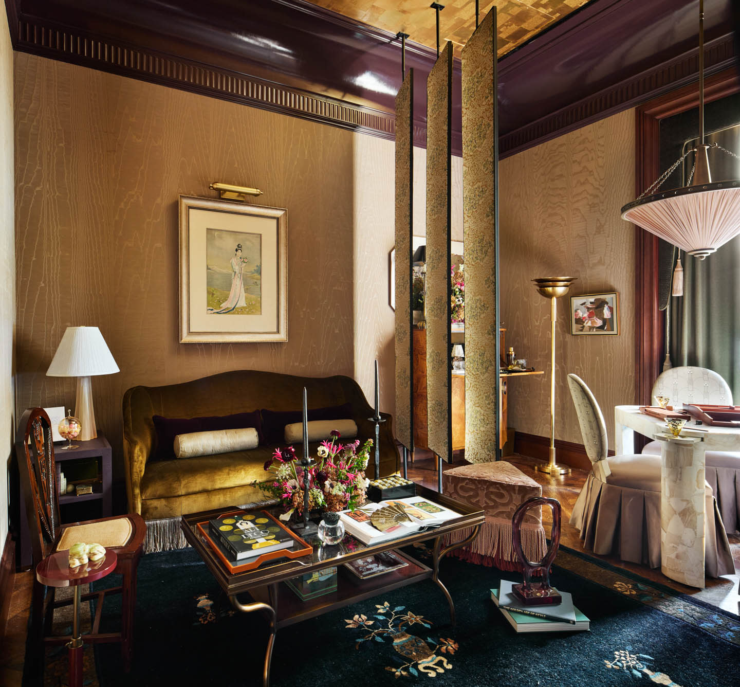lounge area in gold tones by Ellerslie Interiors for Kips Bay Dallas Show House 2025