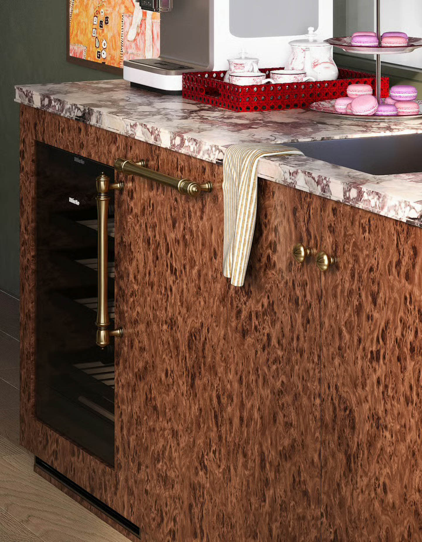 A modern kitchen displaying a sink, microwave, coffee maker, and refrigerator, emphasizing a practical cooking environment.