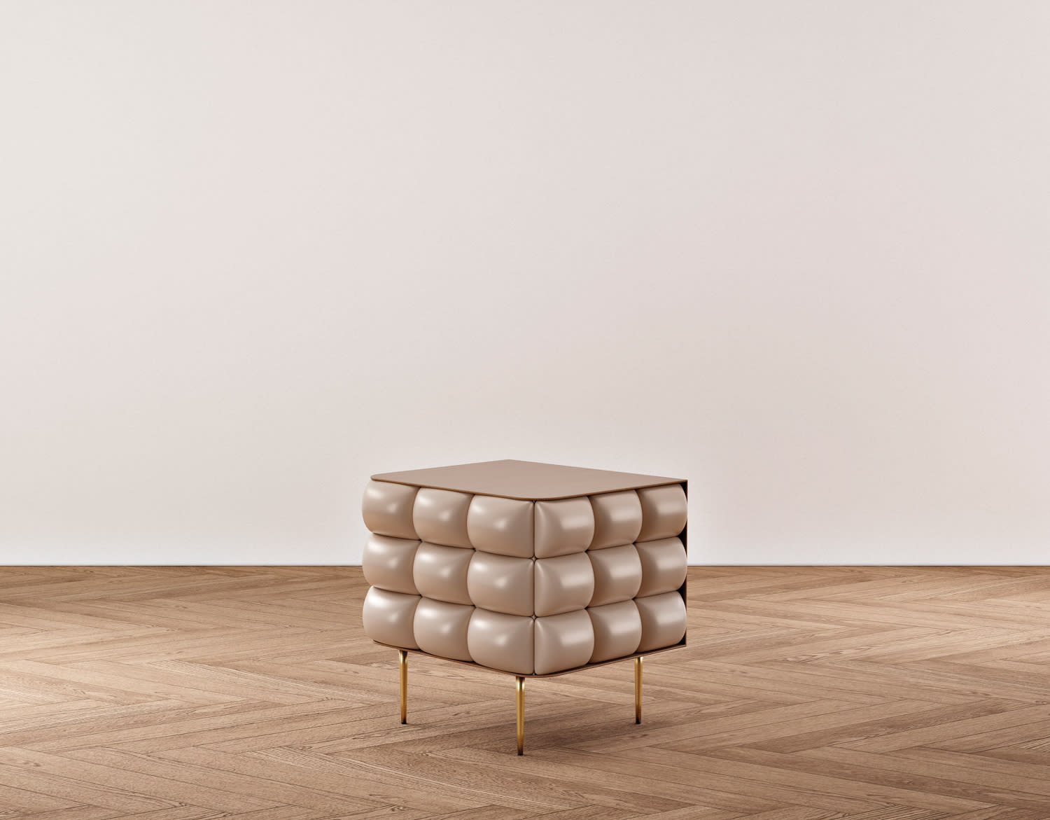 brass leg nightstand with a flat top and cushion-like sides