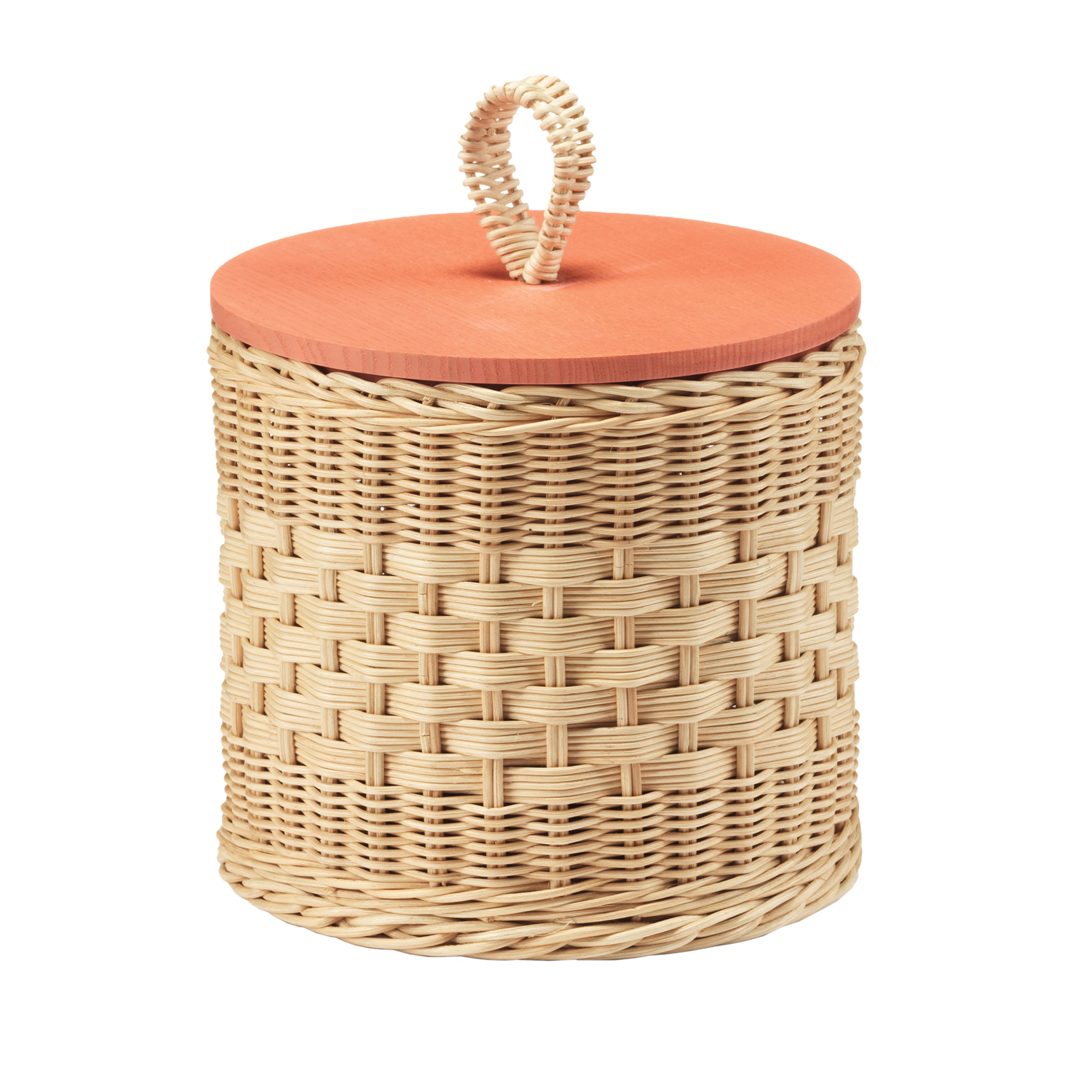 cylindrical basket container with orange lid