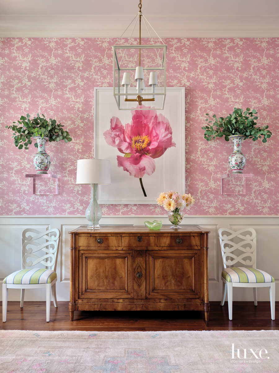 bright pink barbiecore interior design entryway with peony art