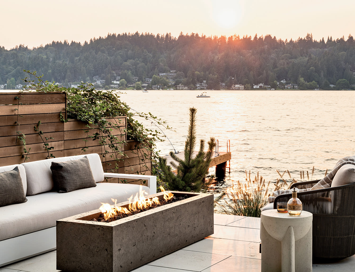 patio lounge area on the exterior of a Lake Washington home