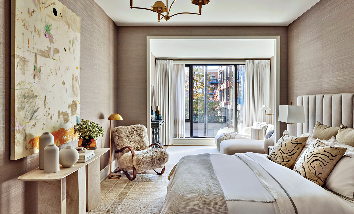 modern bedroom with a grass-cloth wallcovering in beige lining the space